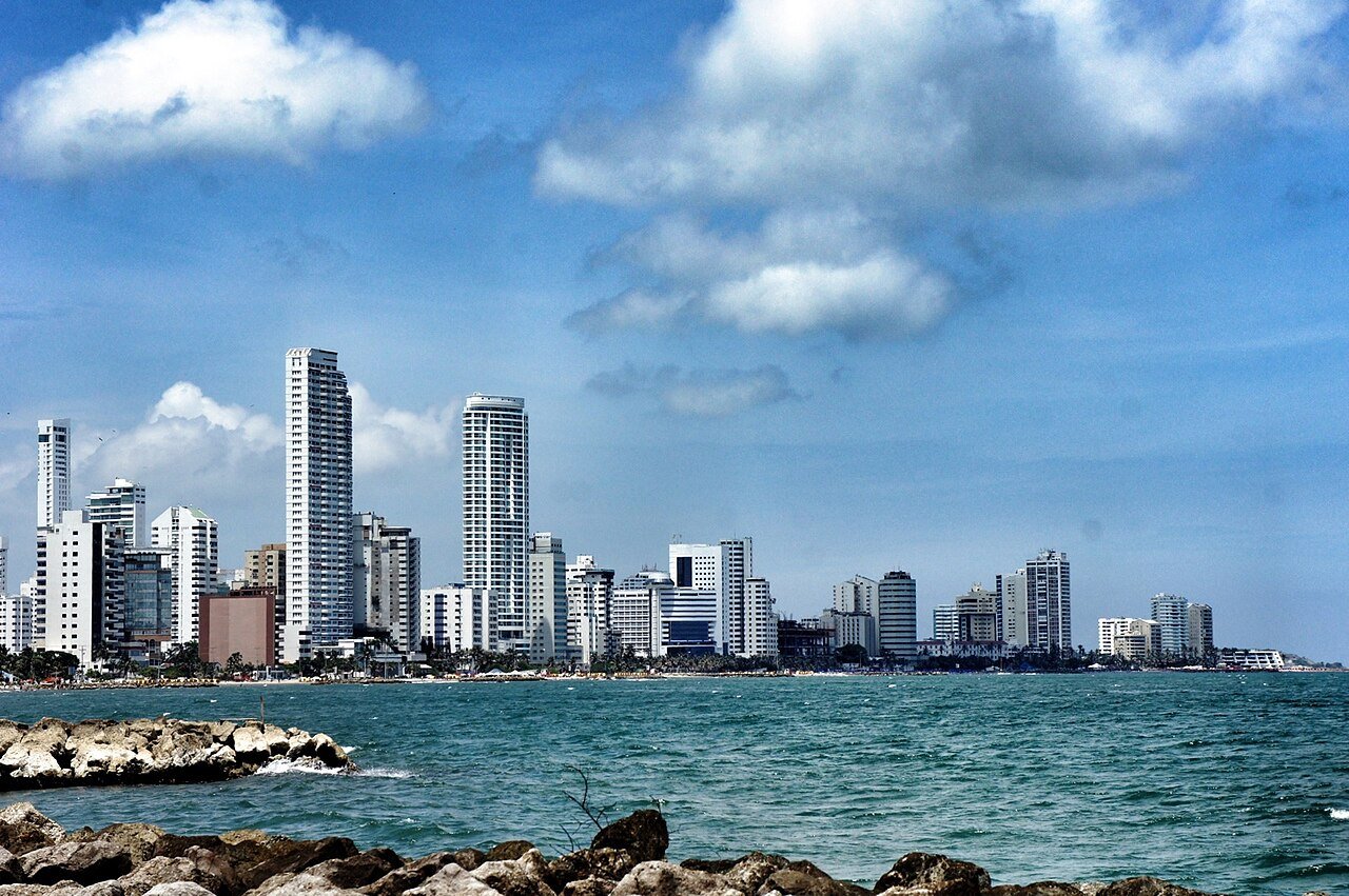 Skyline of Cartagena, Colombia, with the old walled city meeting the Caribbean Sea